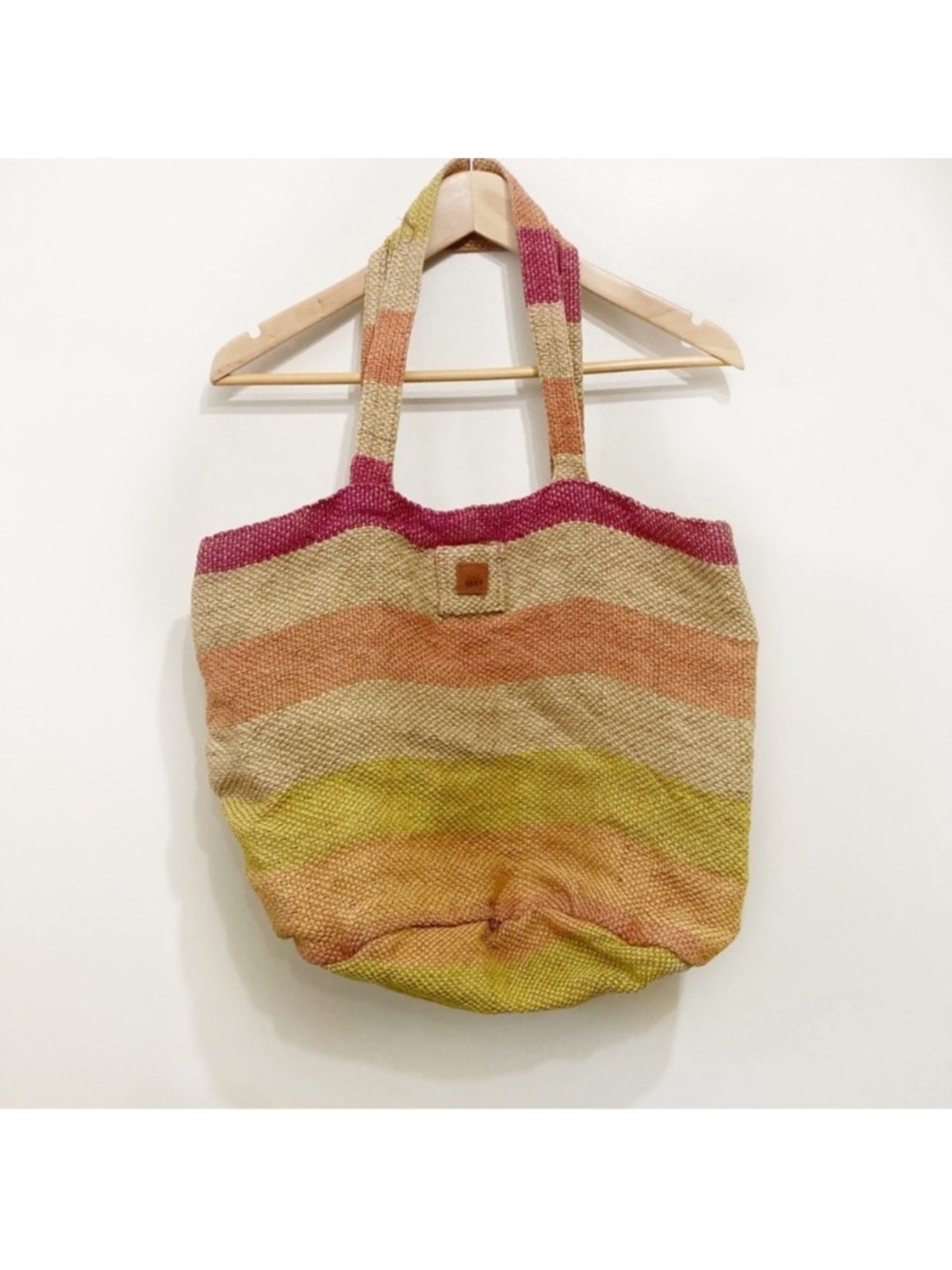 Roxy Tote Bag Striped Jute Burlap Boho Red Tan Orange Boho Beach Vacation
